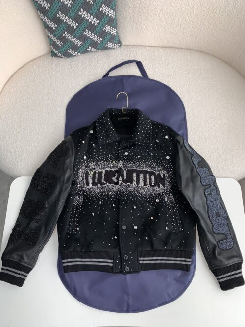 「#1445」Louis Vuitton FW23 lettered beaded embroidered leather jacket