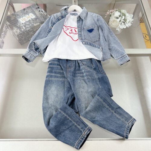 「#1599」Prada T-shirt, denim jacket and pants 3-piece set