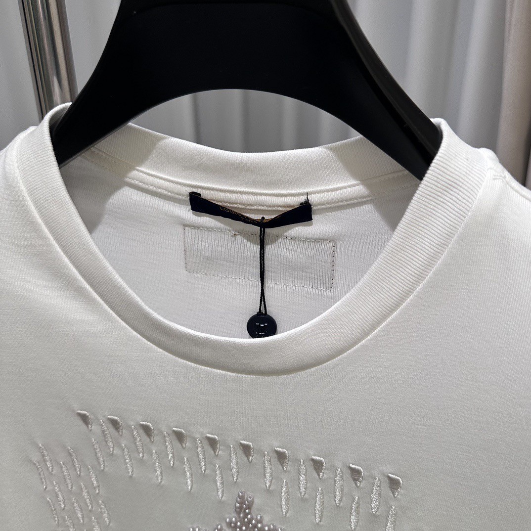 「#2394」Louis Vuitton 24ss pearl lettering embroidered round neck T-shirt - 图片 4