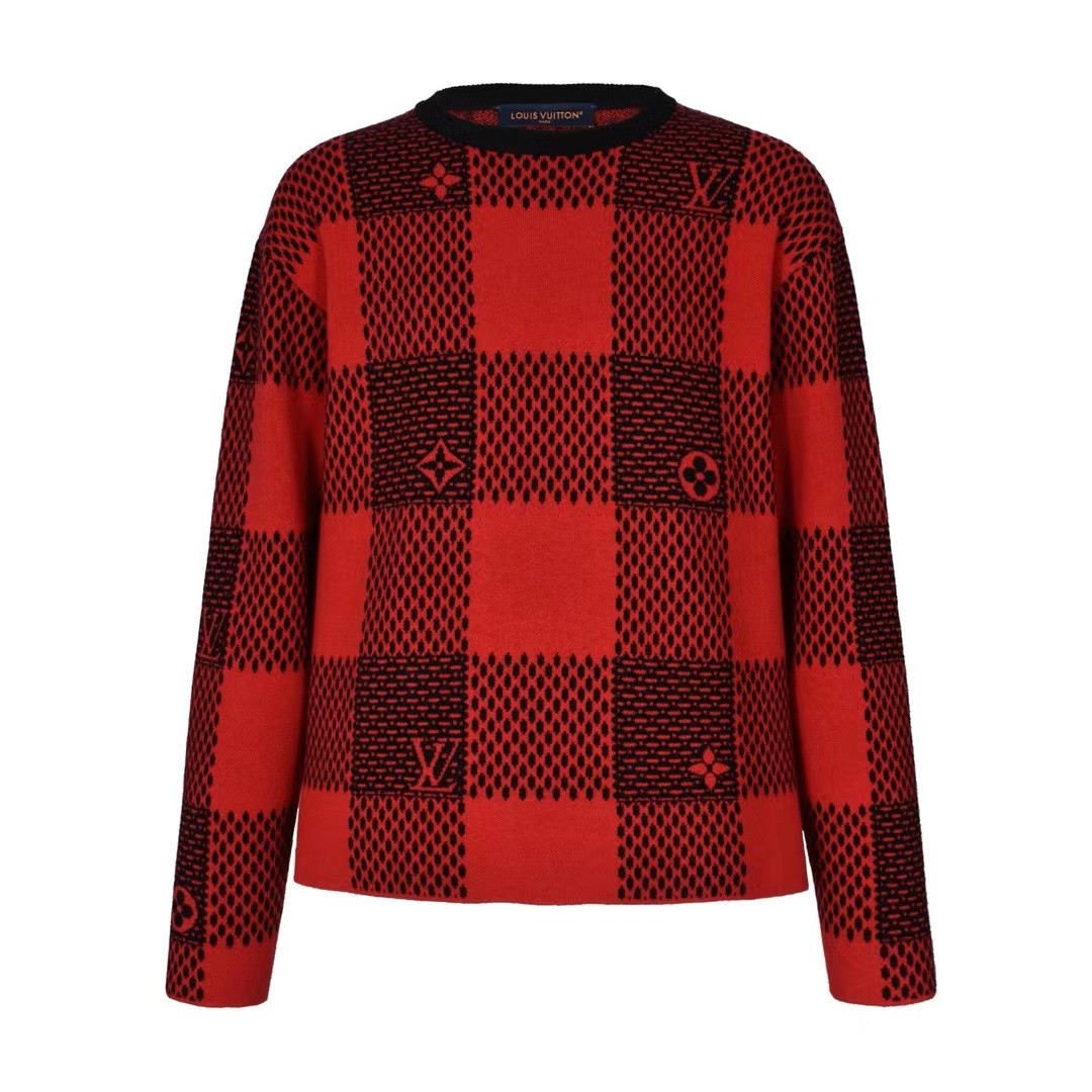 「#2411」Louis Vuitton 24fw black and red checkered jacquard crew neck sweater