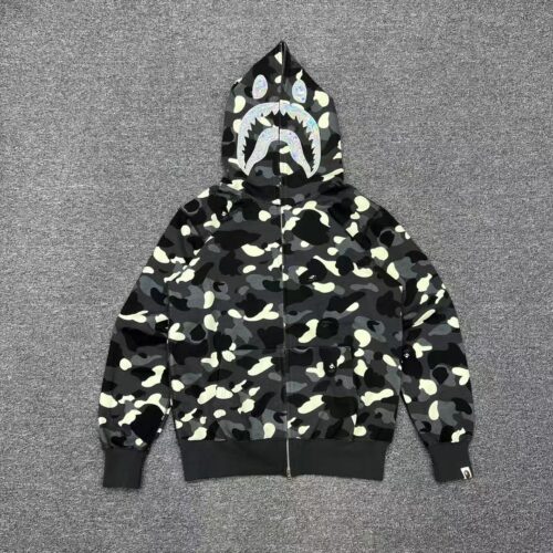 「#2665」bape luminous camouflage laser shark hooded zip-up sweatshirt