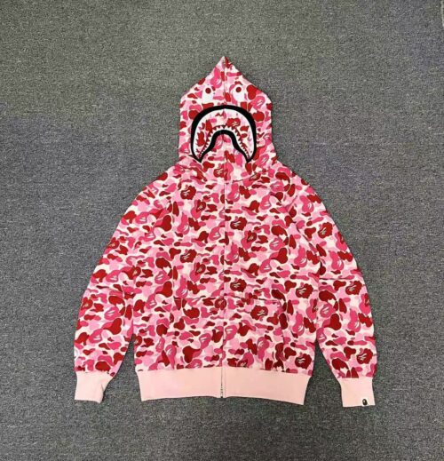 「#2666」bape pink camouflage classic shark zipper sweatshirt
