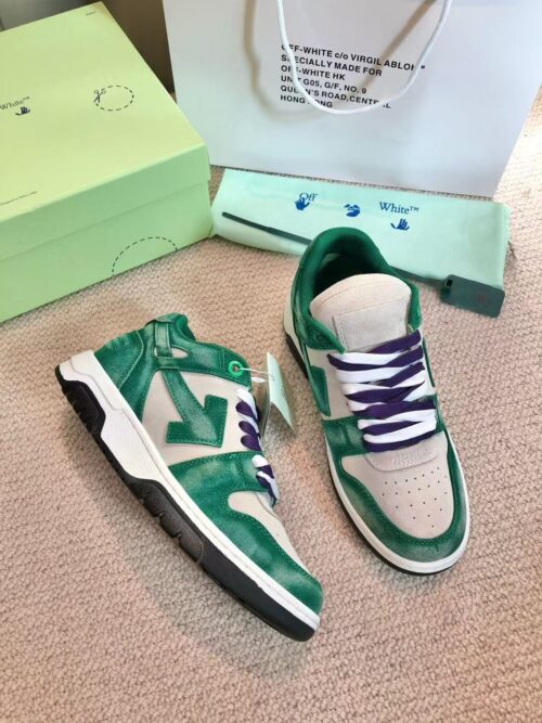 「#3254」Off-White Arrow stitching green brushed leather distressed sneakers