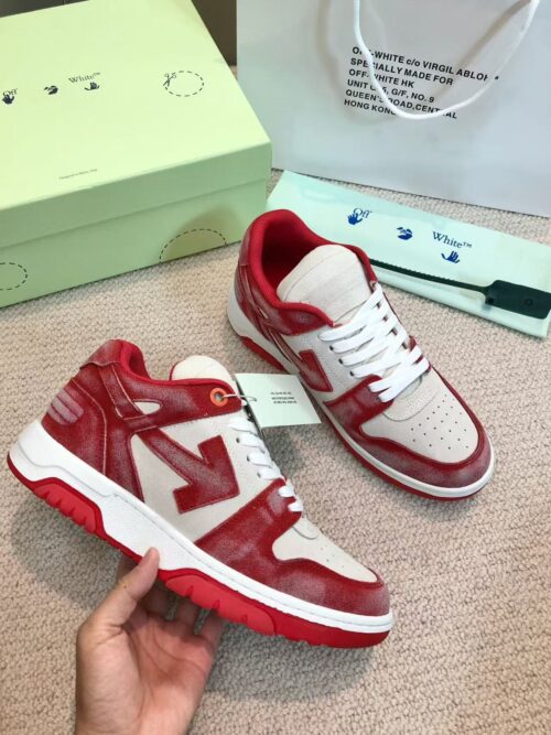 「#3255」Off-White arrow stitching red frosted leather distressed sneakers