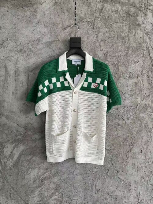 「#3285」Casablanca Green Cotton High Density Knit, Woven Plaid Sweater T-Shirt
