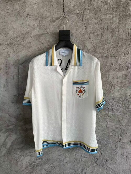 「#3313」CASABLANCA White silk jacquard T-shirt with orange pattern