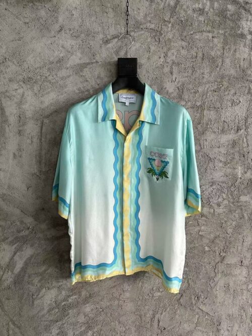 「#3331」CASABLANCA Light blue silk T-shirt with ripple pattern