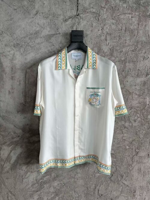 「#3337」CASABLANCA White silk T-shirt with tennis racket pattern