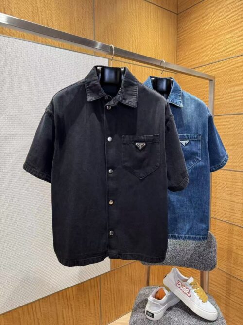「#4267」Prada Pocket Logo Denim Short Sleeve Shirt