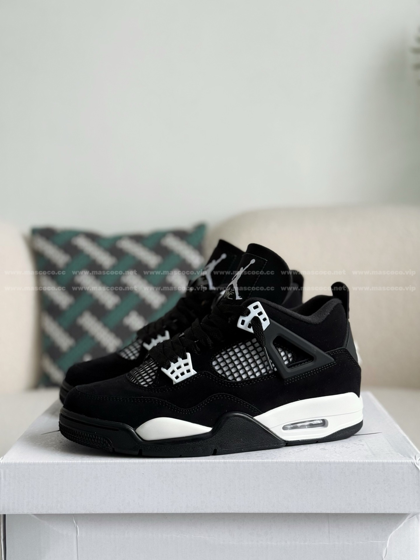 「#4328」Jordan Air Jordan 4 Retro "White Thunder" Leather Retro Basketball Shoes Black and White