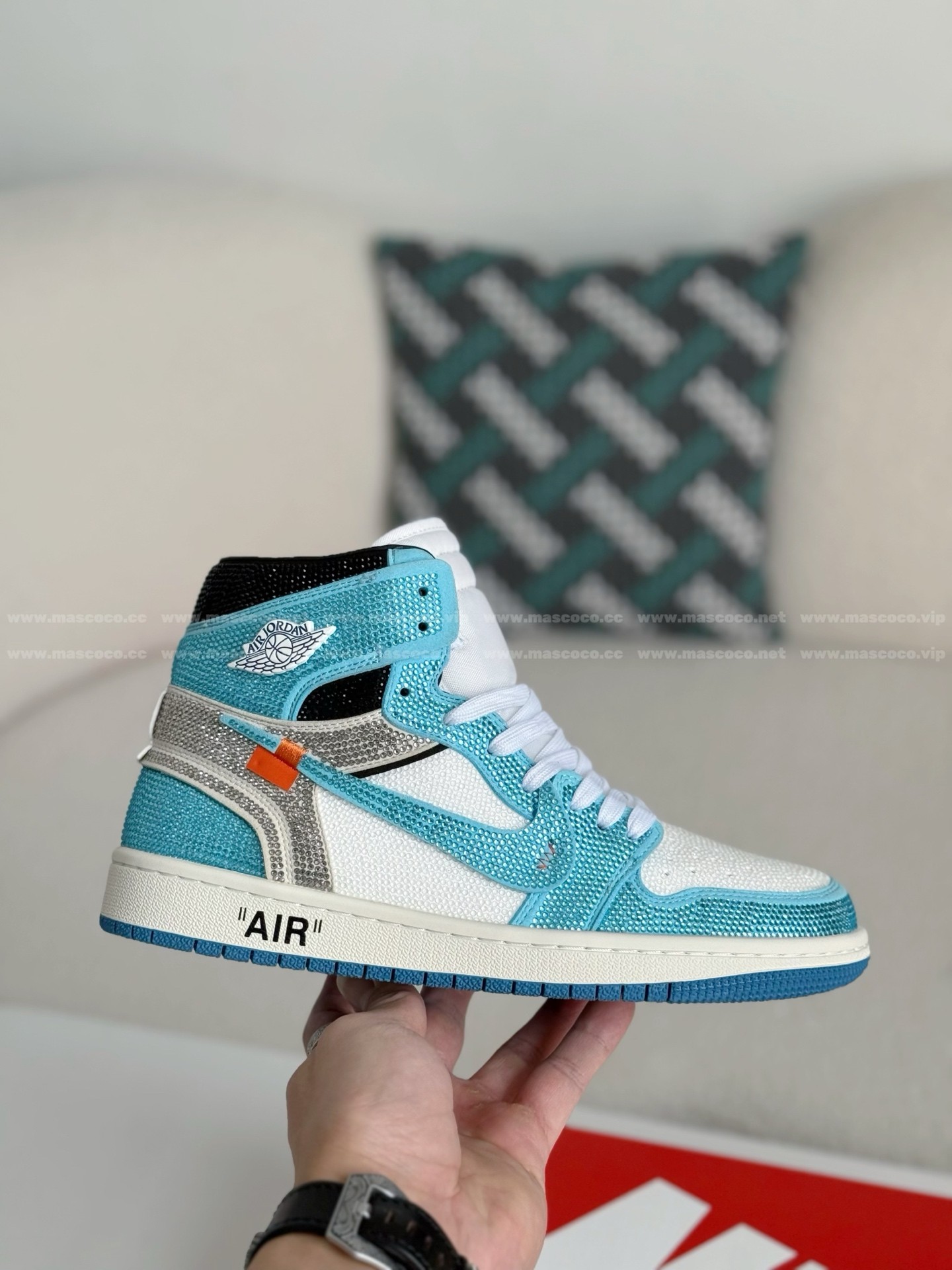 「#4551」Jordan 1 Off-white Hand-Set Rhinestones High Sneakers - 图片 6