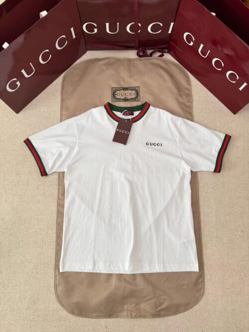 「#4764」GUCCI red and green striped embroidered short sleeves