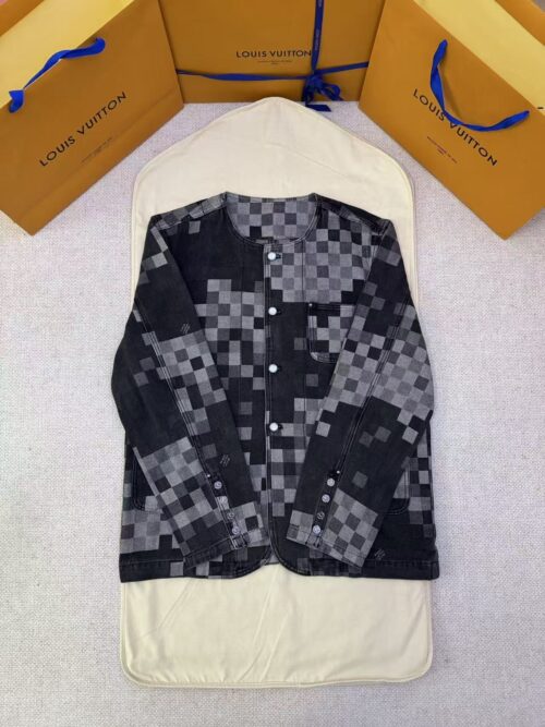 「#5276」LOUIS VUITTON Mosaic Checkered Denim Collarless Jacket