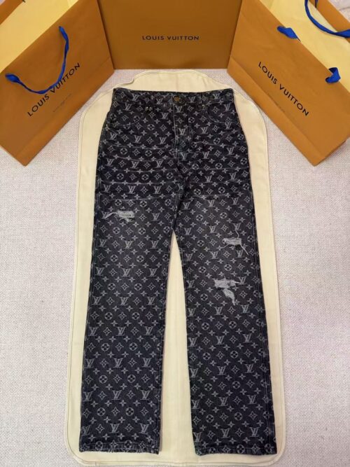 「#5427」LOUIS VUITTON Letter Jacquard Little Red Man Embroidered Washed Denim Pants