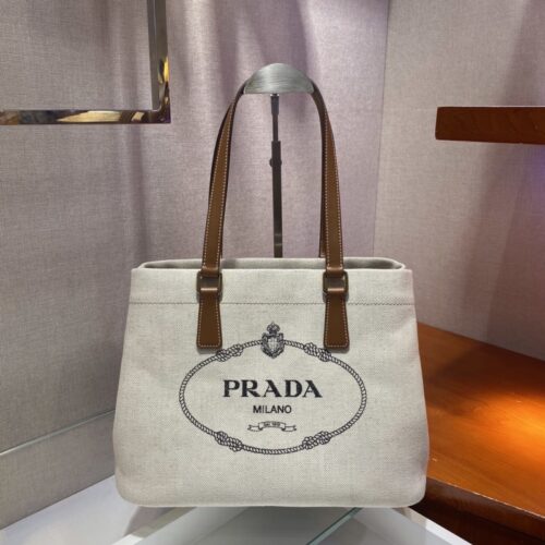 Prada - Canvas - Small Linen Blend and Leather Tote